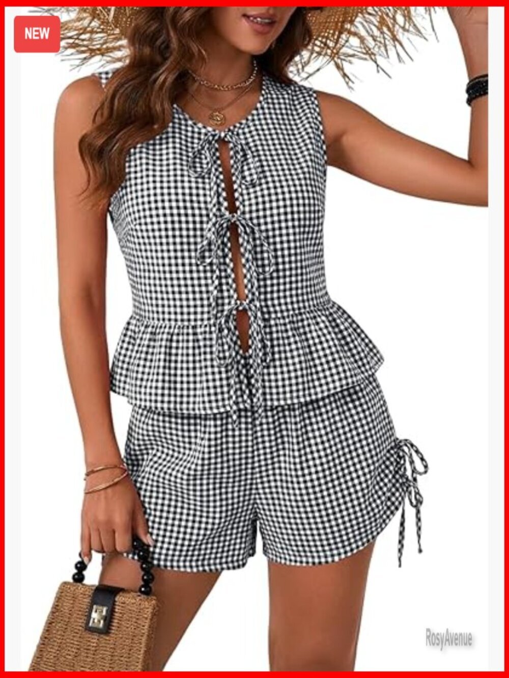 2 Piece Summer Outfits Tie Front Tops Gingham Shorts Sleeveless Blouses Sets